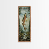 Trout In Mountain Scene Framed Canvas Print Rustic Landscape Art Fly Fishing Wall Art Skinny Wall Art Tall Vertical Decor