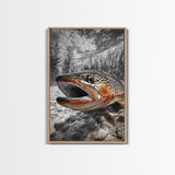Brown Trout Closeup, Riverbed Focus, Dramatic Fish Art, Framed Canvas Print, Fisherman Gift, Cabin Wall Art, Rustic Outdoor Decor