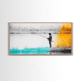 Fisherman at Twilight, fly fishing art, fisherman painting, moody art, nature wall art, rustic decor, panoramic painting, Canvas Print