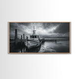Fishing boat, nautical decor, coastal painting, rustic art, panoramic painting, extra wide art, above sofa art, framed canvas print