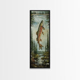 Trout In Mountain Scene Framed Canvas Print Rustic Landscape Art Fly Fishing Wall Art Skinny Wall Art Tall Vertical Decor