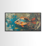 Trout, fish, colorful painting, fisherman painting, rustic wall art, trout art, framed canvas print, extra wide art, gift idea