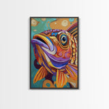 Fish Colorful, Tropical, Bold, Framed Canvas Print, vibrant ocean art, coastal bathroom decor, abstract tropical fish painting, boho beach