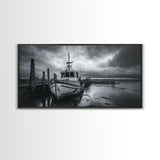 Fishing boat, nautical decor, coastal painting, rustic art, panoramic painting, extra wide art, above sofa art, framed canvas print