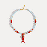 Coral Reef Fish Charm Necklace - Ocean Blue & Coral Beaded Necklace