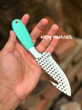 8" High-Carbon Rasp Steel Gut Hook Cowboy Knife with Turquoise Resin Handle