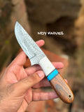 8" Damascus Steel Cowboy Skinner with Rosewood, Turquoise & Bone Handle