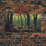 Does in a majestic forest, whitetail deer art, framed canvas print, ready to hang framed wall art