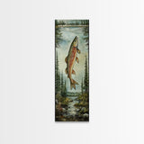 Trout In Mountain Scene Framed Canvas Print Rustic Landscape Art Fly Fishing Wall Art Skinny Wall Art Tall Vertical Decor