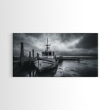 Fishing boat, nautical decor, coastal painting, rustic art, panoramic painting, extra wide art, above sofa art, framed canvas print