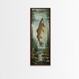 Trout In Mountain Scene Framed Canvas Print Rustic Landscape Art Fly Fishing Wall Art Skinny Wall Art Tall Vertical Decor