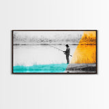Fisherman at Twilight, fly fishing art, fisherman painting, moody art, nature wall art, rustic decor, panoramic painting, Canvas Print