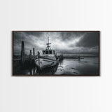 Fishing boat, nautical decor, coastal painting, rustic art, panoramic painting, extra wide art, above sofa art, framed canvas print