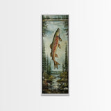 Trout In Mountain Scene Framed Canvas Print Rustic Landscape Art Fly Fishing Wall Art Skinny Wall Art Tall Vertical Decor