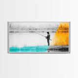 Fisherman at Twilight, fly fishing art, fisherman painting, moody art, nature wall art, rustic decor, panoramic painting, Canvas Print