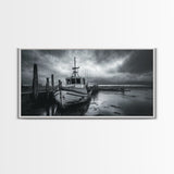 Fishing boat, nautical decor, coastal painting, rustic art, panoramic painting, extra wide art, above sofa art, framed canvas print