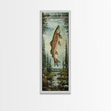 Trout In Mountain Scene Framed Canvas Print Rustic Landscape Art Fly Fishing Wall Art Skinny Wall Art Tall Vertical Decor