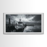 Fishing boat, nautical decor, coastal painting, rustic art, panoramic painting, extra wide art, above sofa art, framed canvas print