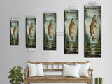 Trout In Mountain Scene Framed Canvas Print Rustic Landscape Art Fly Fishing Wall Art Skinny Wall Art Tall Vertical Decor