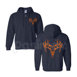 Orange Deer Antler Skull Hunting Graphic Zip-Up Hoodie – Blaze Orange Outdoorsman Outerwear, Wildlife Camo Style Sweatshirt