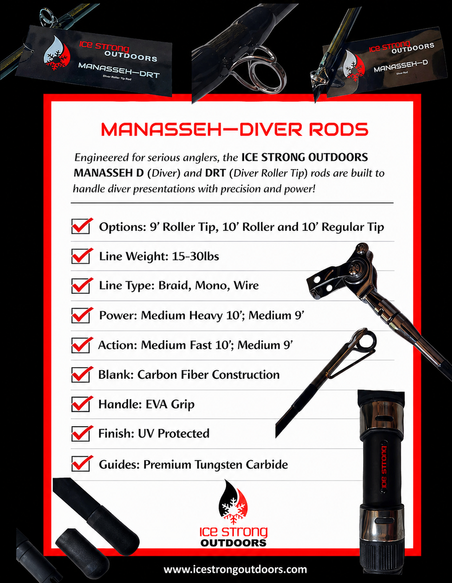 Ice Strong Outdoors - Manasseh - 9' & 10' - Diver Rods Roller Tip / Re