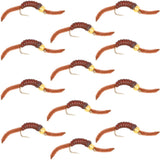 Barbless Tungsten San Juan Bead Head Power Worm Brown 12 Flies Size 14