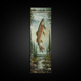 Trout In Mountain Scene Framed Canvas Print Rustic Landscape Art Fly Fishing Wall Art Skinny Wall Art Tall Vertical Decor