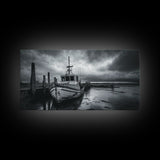 Fishing boat, nautical decor, coastal painting, rustic art, panoramic painting, extra wide art, above sofa art, framed canvas print
