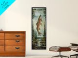 Trout In Mountain Scene Framed Canvas Print Rustic Landscape Art Fly Fishing Wall Art Skinny Wall Art Tall Vertical Decor