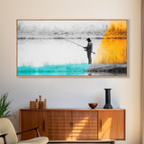Fisherman at Twilight, fly fishing art, fisherman painting, moody art, nature wall art, rustic decor, panoramic painting, Canvas Print