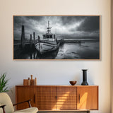Fishing boat, nautical decor, coastal painting, rustic art, panoramic painting, extra wide art, above sofa art, framed canvas print