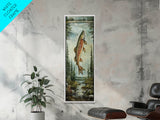 Trout In Mountain Scene Framed Canvas Print Rustic Landscape Art Fly Fishing Wall Art Skinny Wall Art Tall Vertical Decor