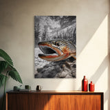 Brown Trout Closeup, Riverbed Focus, Dramatic Fish Art, Framed Canvas Print, Fisherman Gift, Cabin Wall Art, Rustic Outdoor Decor