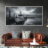 Fishing boat, nautical decor, coastal painting, rustic art, panoramic painting, extra wide art, above sofa art, framed canvas print