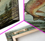 Trout In Mountain Scene Framed Canvas Print Rustic Landscape Art Fly Fishing Wall Art Skinny Wall Art Tall Vertical Decor