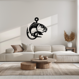 Fishing Hook and Fish Silhouette Metal Wall Art – Black Steel Angler’s Home Decor- KAF495