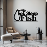 "Eat, Sleep, Fish" Metal Wall Art – Fishing Enthusiast Design with Hook and Phrase- KAF670
