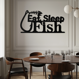 "Eat, Sleep, Fish" Metal Wall Art – Fishing Enthusiast Design with Hook and Phrase- KAF670