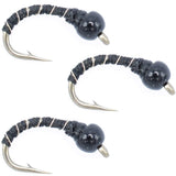 3 Pack Bead Head Black Zebra Midge Still Water Nymph Fly Hook Size 22