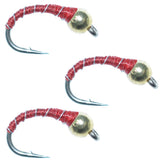 3 Pack Bead Head Red Zebra Midge Nymph Hook Size 20