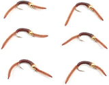 Barbless Tungsten San Juan Bead Head Power Worm Brown 6 Flies Size 14