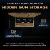 American Flag Challenge Coin Display and Hidden Gun Cabinet, Military Coin Holder Holds 100 Coins and is Ready to Hang, Large US Flag Patriotic Art 38.5" x 19.5"