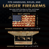 American Flag Challenge Coin Display and Hidden Gun Cabinet, Military Coin Holder Holds 100 Coins and is Ready to Hang, Large US Flag Patriotic Art 38.5" x 19.5"