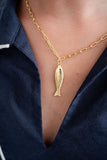 Fish - Beach Town - Small Paper Clip Chain Necklace - 18k Gold Plated 18 Inches