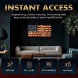 American Flag Challenge Coin Display and Hidden Gun Cabinet, Military Coin Holder Holds 100 Coins and is Ready to Hang, Large US Flag Patriotic Art 38.5" x 19.5"